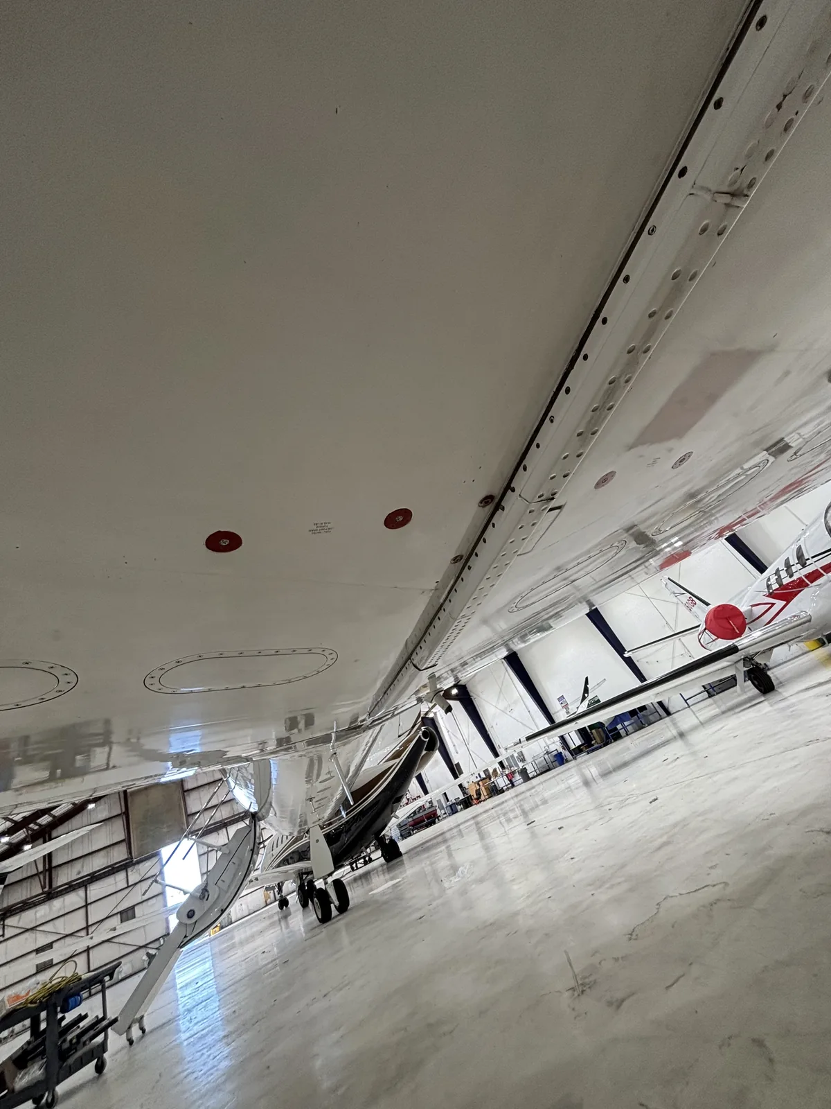 Polished underside of an aircraft wing